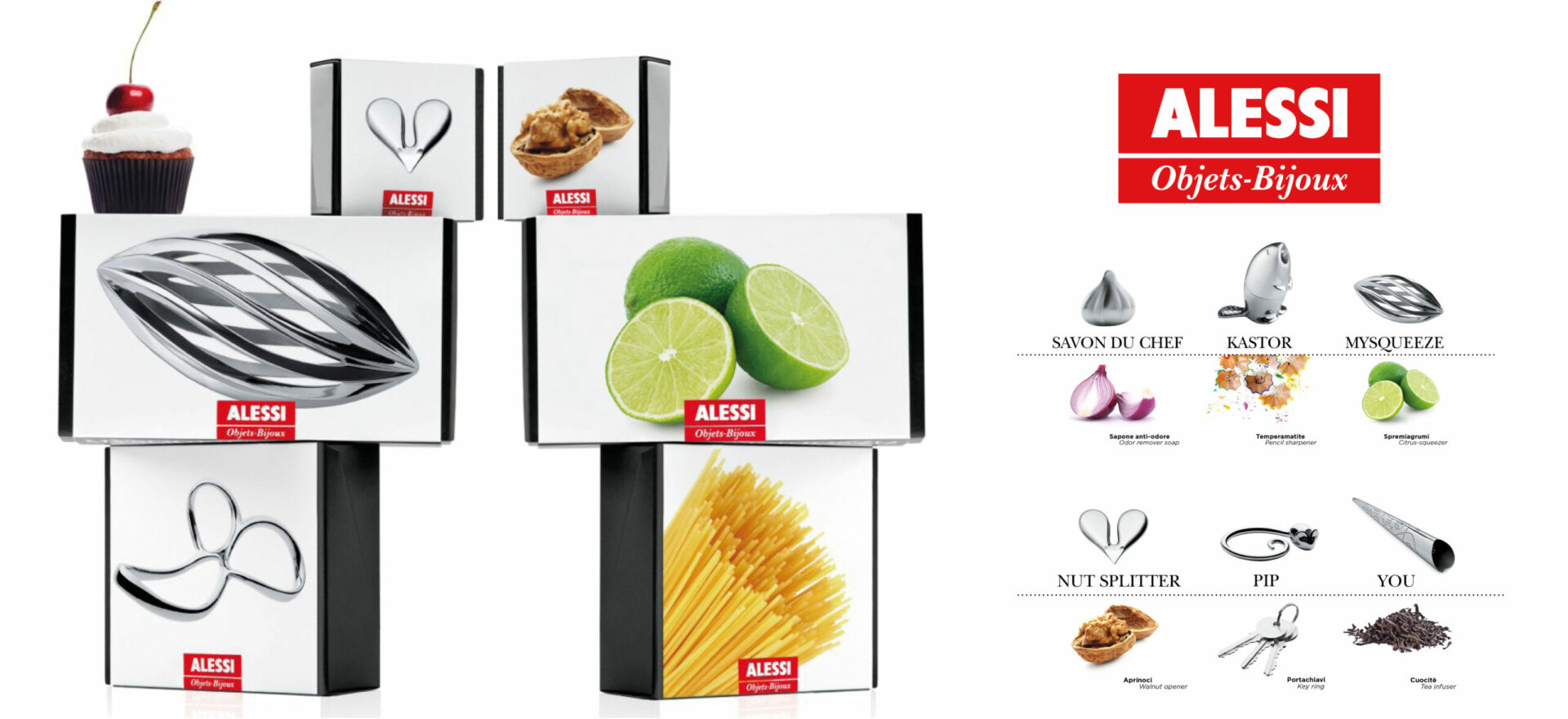 Objects-Bijoux packaging showed in a vertical composition of boxes of diverse products for Alessi Collection detailing logos and images selected for the packaging in a white background. On the right side a picture of the front of the boxes is shown.