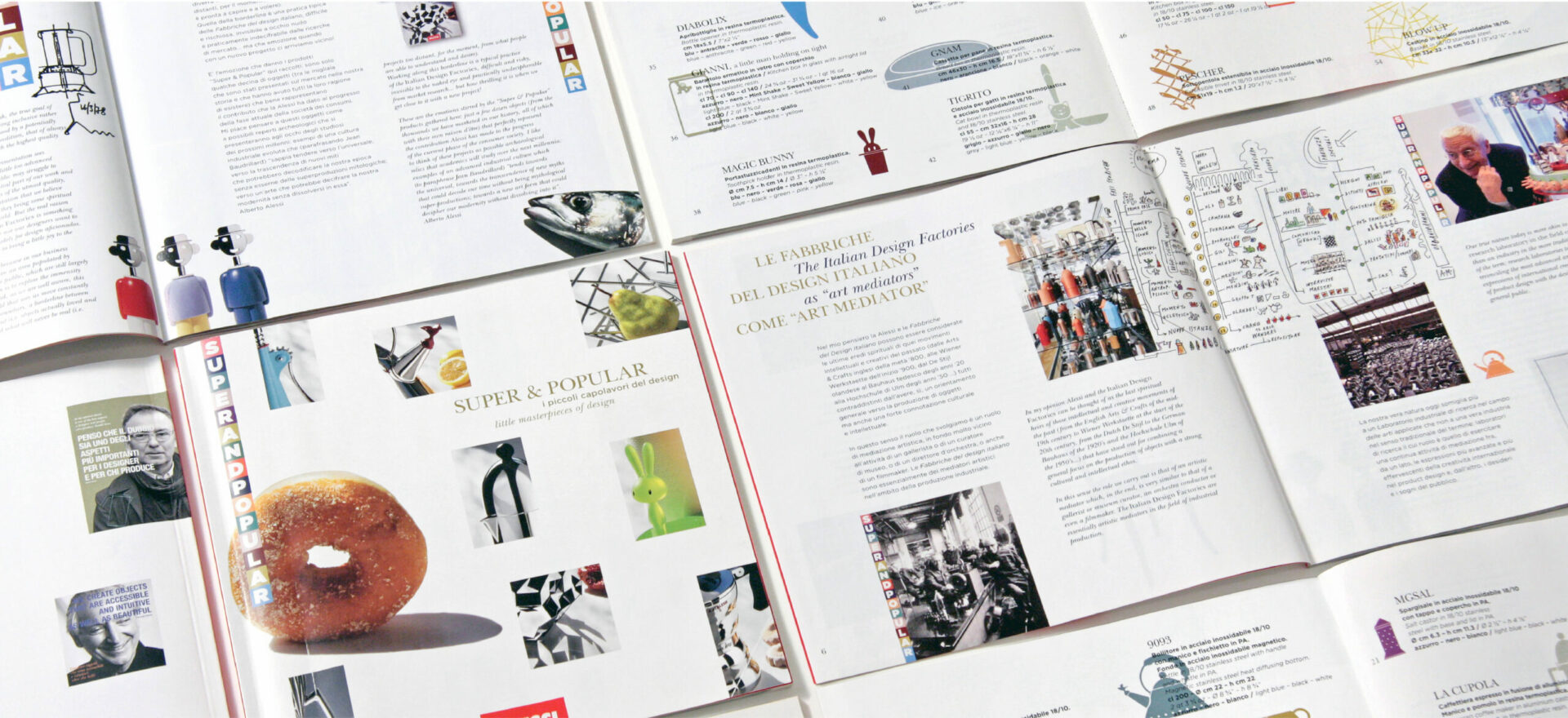 Opened brochures of Super & Popular collection for Alessi showing the details of the compositions of typography, texts and images of the products and their designers.