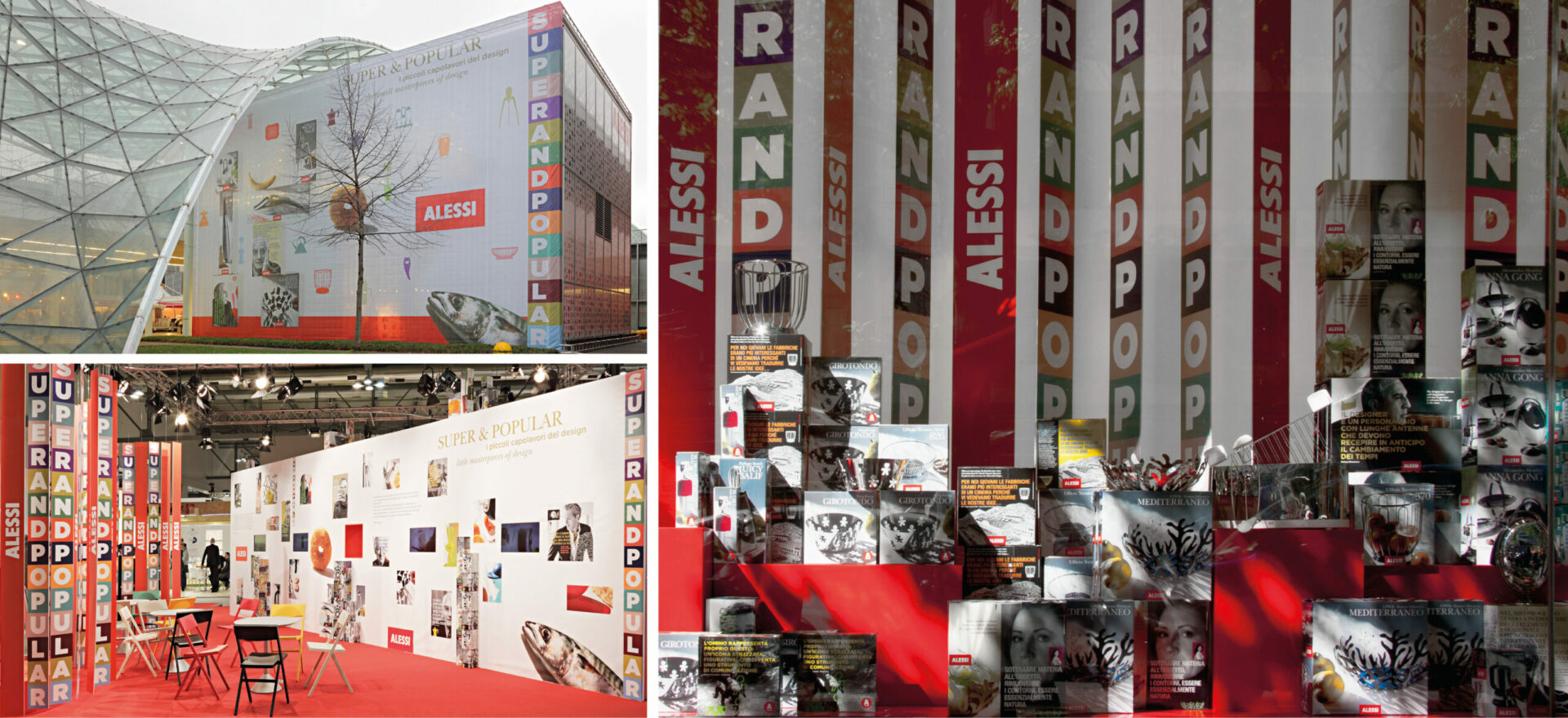 Three images showing the Exhibition Design for Alessi, Super & Popular Collection for trade fair stands in Milan, Paris, Frankfurt and Chicago. In 2014 the “Super & Popular” packaging won the Good Design Award.