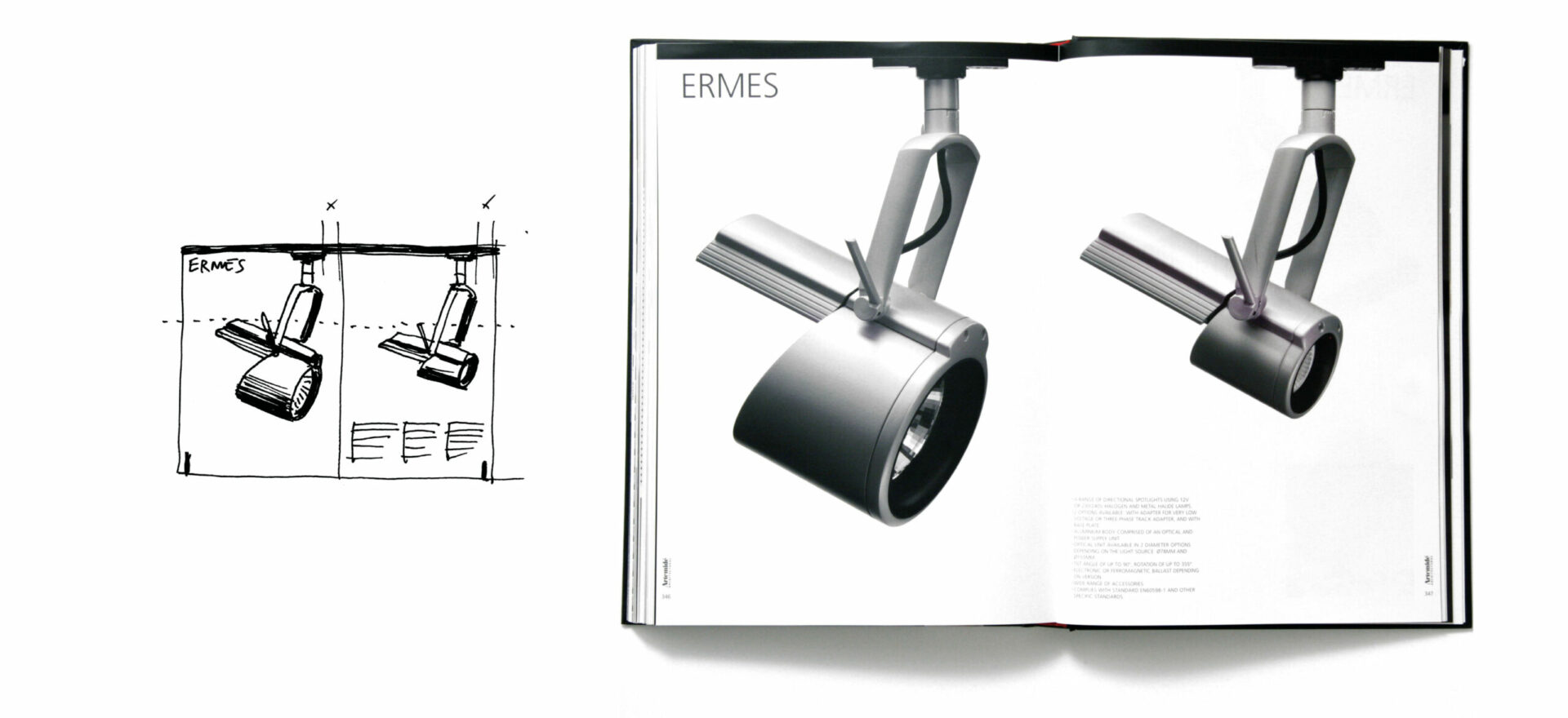 Greyscale Catalog of Ermes model for Artemide Architectural, light design with 1 sketch in black and white on the left side of the image and the opened brochure on the right side of the image showing model Ermes in a greyscale image with white background.