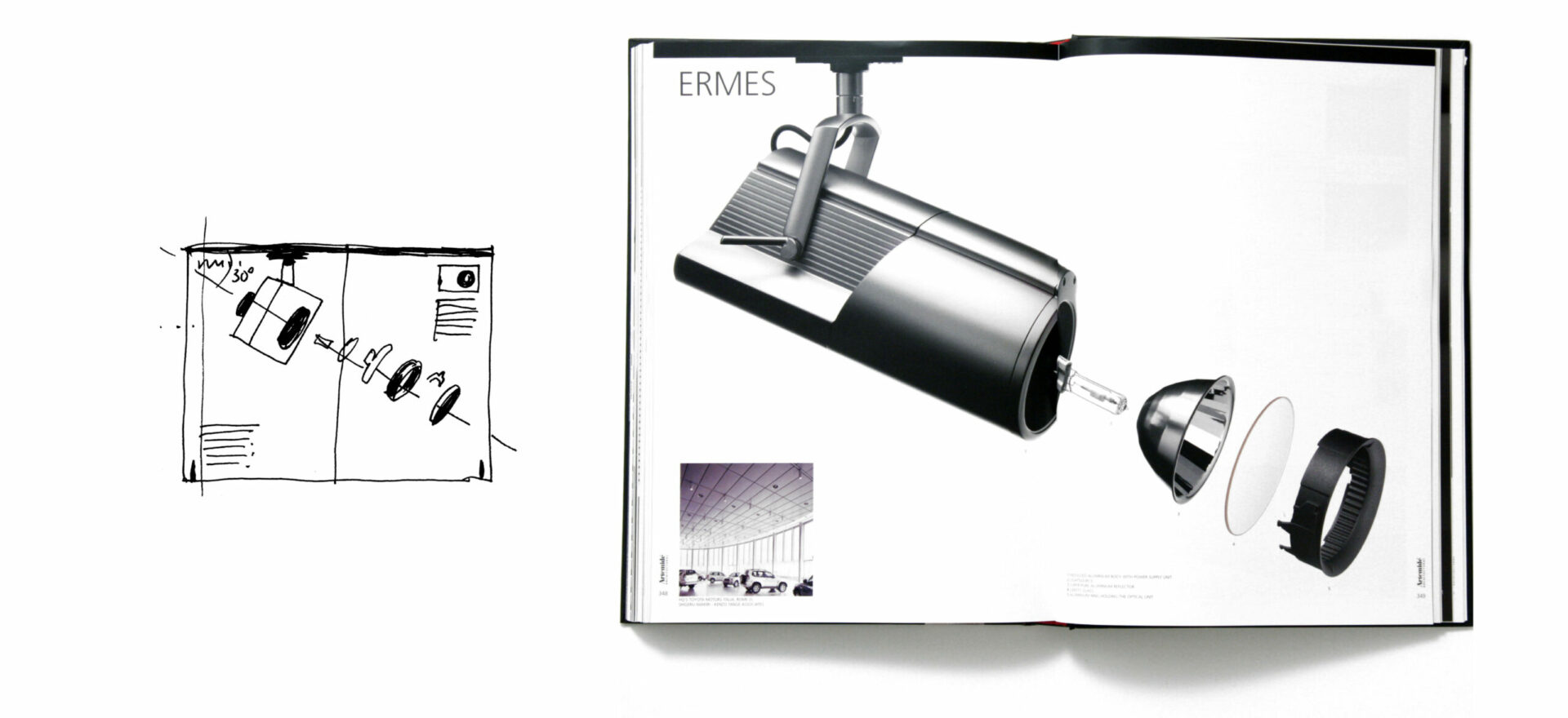 Greyscale Catalog of Ermes model for Artemide Architectural, light design with 1 sketch in black and white on the left side of the image and the opened brochure on the right side of the image showing model Ermes in a greyscale image with white background.