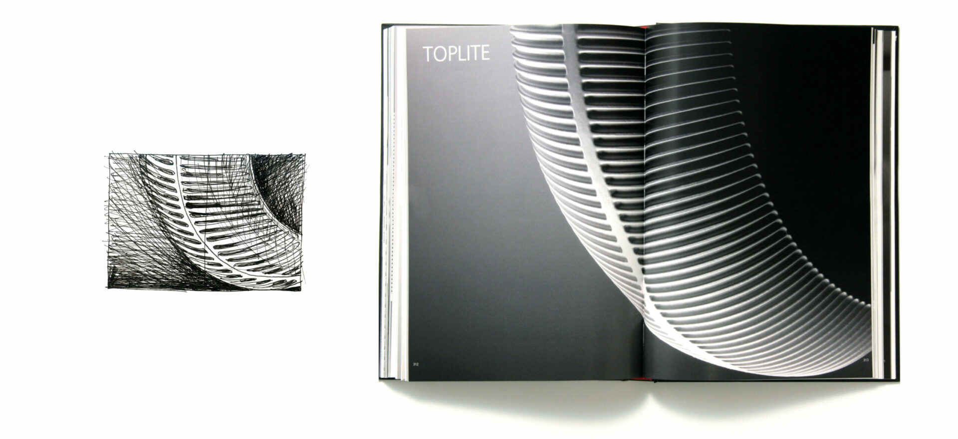 Greyscale Catalog of Toplite model for Artemide Architectural, light design with 1 sketch in black and white on the left side of the image and the opened brochure on the right side of the image showing model Toplite in a greyscale image.