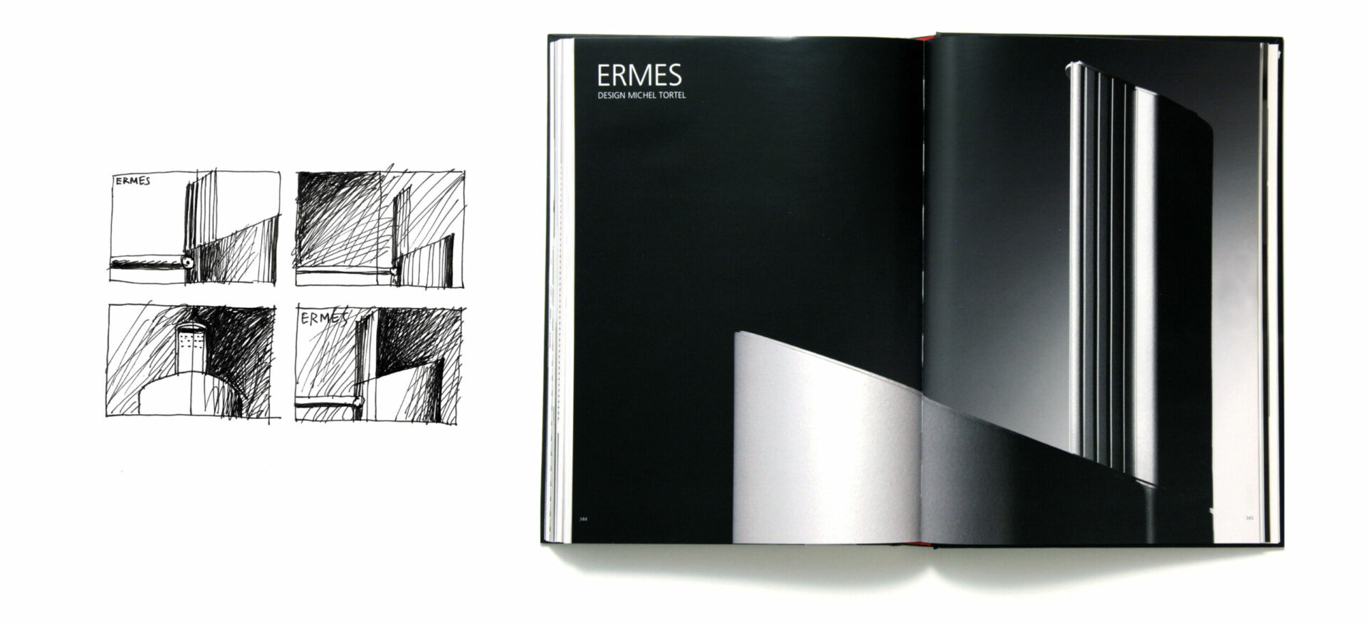 Greyscale Technical Brochure of Ermes model for Artemide Architectural, light design with 4 sketches in greyscale on the left and the opened brochure on the right showing model Ermes in a greyscale background.