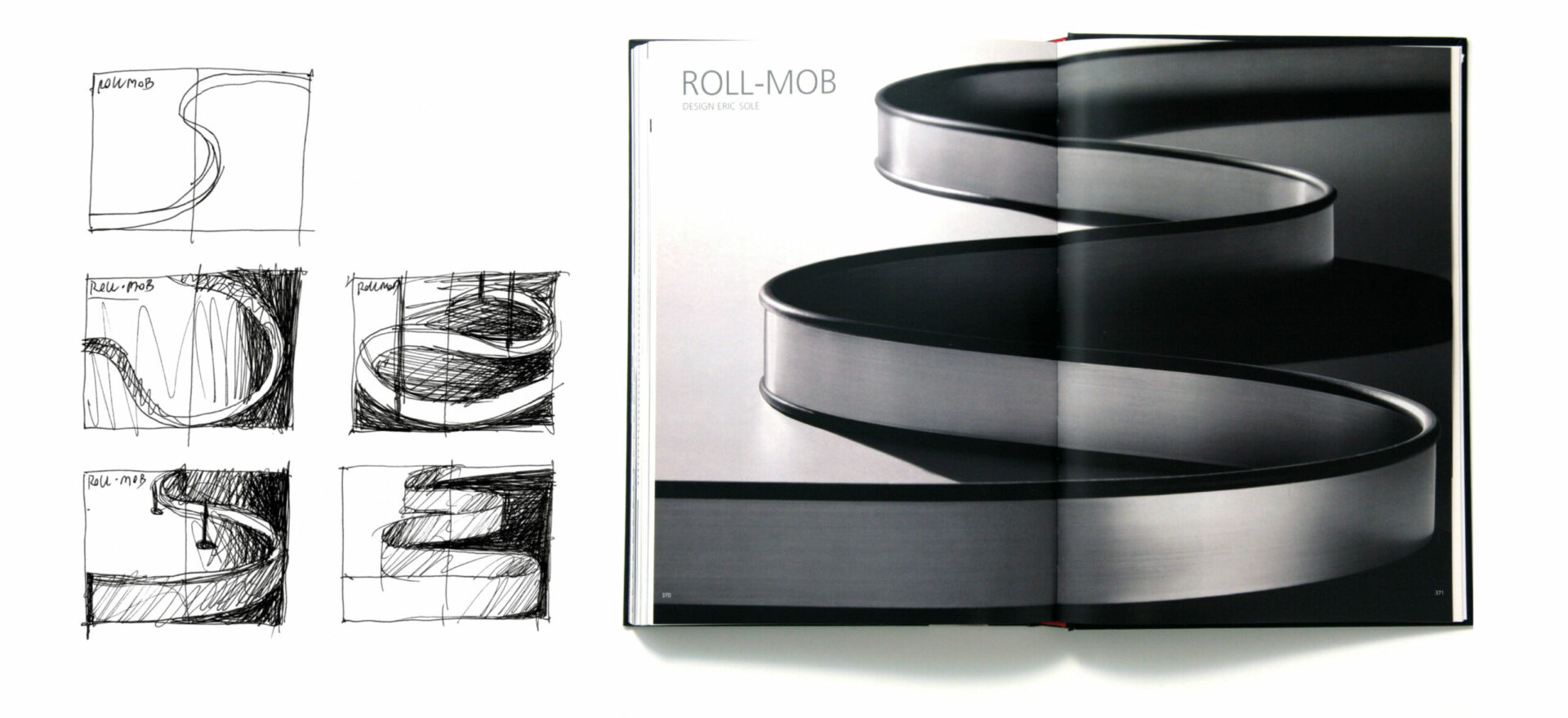 Greyscale Technical Brochure for Artemide Architectural, light design with 5 sketches in greyscale and the opened brochure on the right showing model Roll-Mob in a withe background.