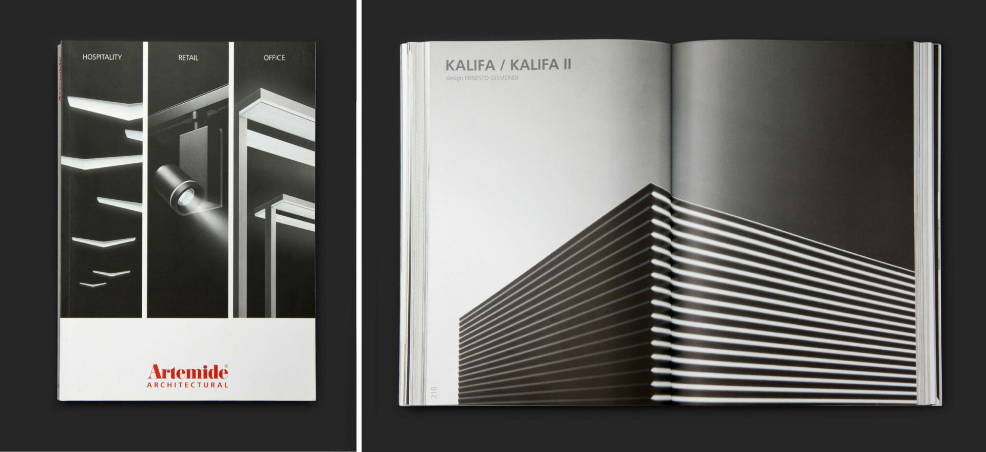 Hospitality, retail and office light catalog for Artemide Architectural in greyscale on a black background. On the right side of the screen the open catalog shows a detail of the model Kalifa and Kalifa II in greyscale with blackbackground.