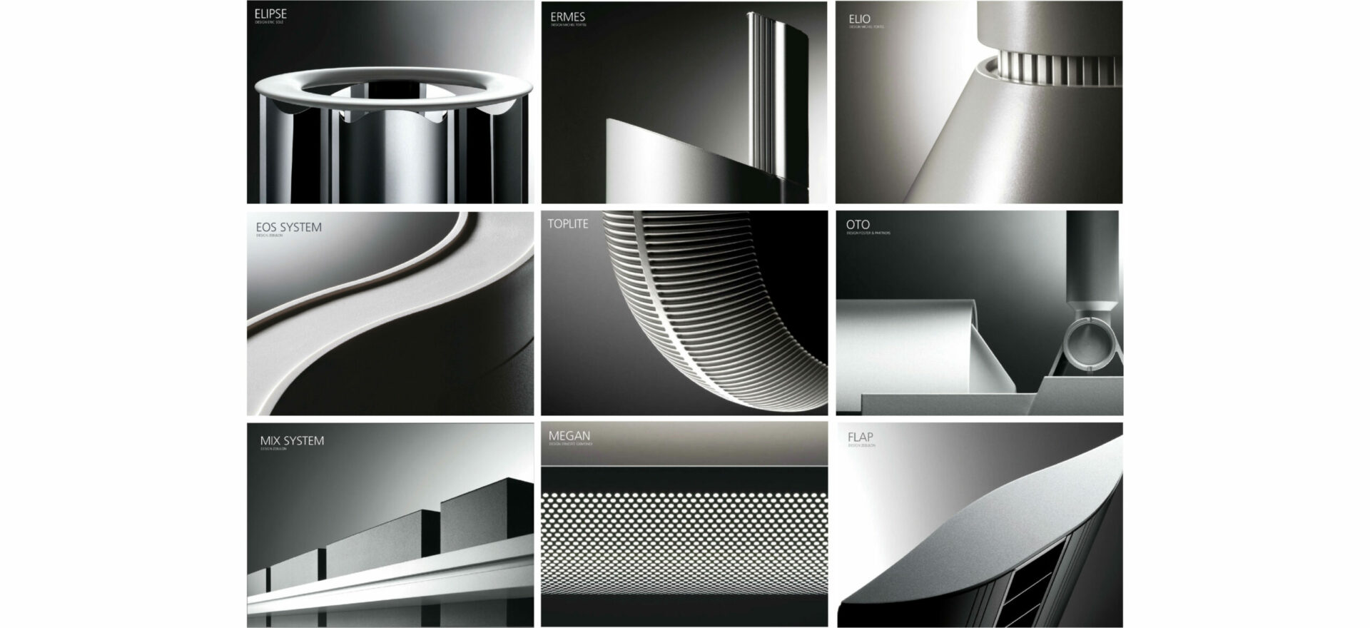 Nine light catalogues showing Elipse, Ermes, Elio, EOS System, Toplite, Oto, Mix System, Megan and Flap lights from Artemide Architectural.