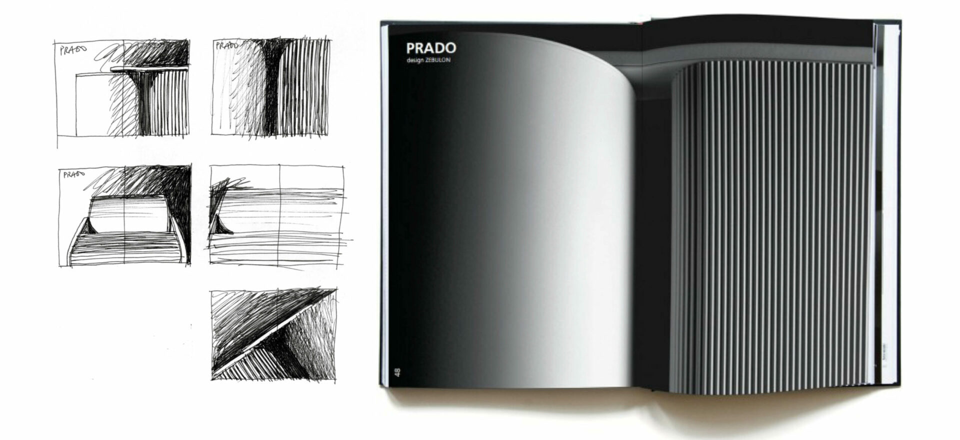 Five design drawings and a light catalogue showing Prado wall r7s White light from Prado Collection for Artemide Architectural.