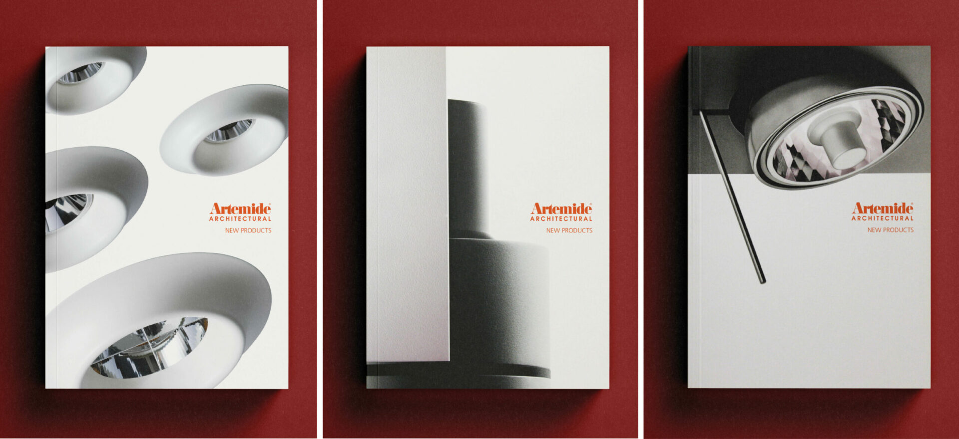 Three light catalogues for Artemide of a compact and ultra-lightweight directional projector.