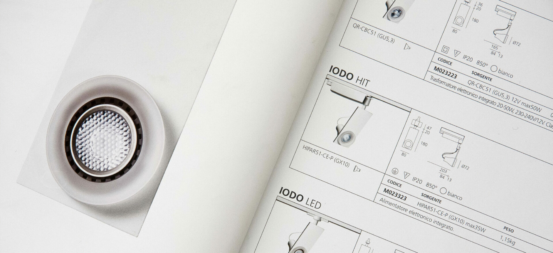 Technical data inside the brochure designes for Artemide Architectural showing the size, power, and components of Iodo model light.