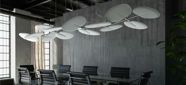 Photo of Botanica sound absorving panels designed by Mario trimarchi for Caimi Brevetti, in white texture on a meeting room ambience. The panels are showned in a metal structure hanging from the ceiling.