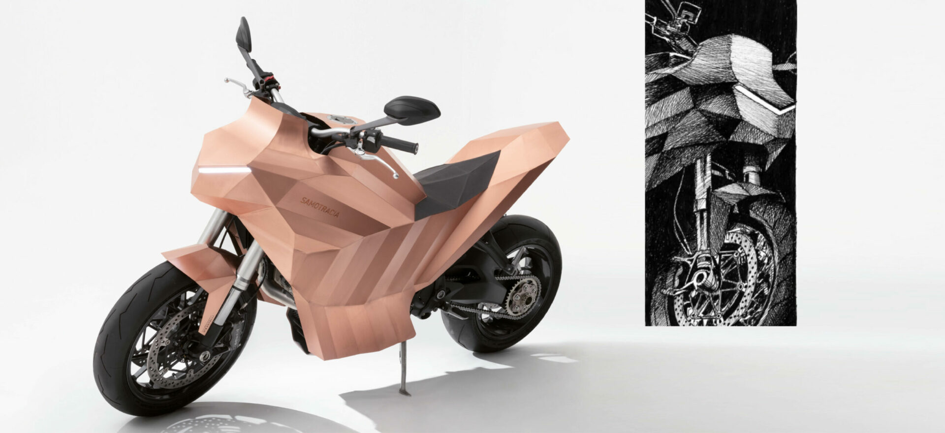 Two images composed by a three quarters left view of a standalone copper motorbike built on a Ducati Monster chassis in a white background with lights on, and a Samotraccia drawing showing a three quarters right view.