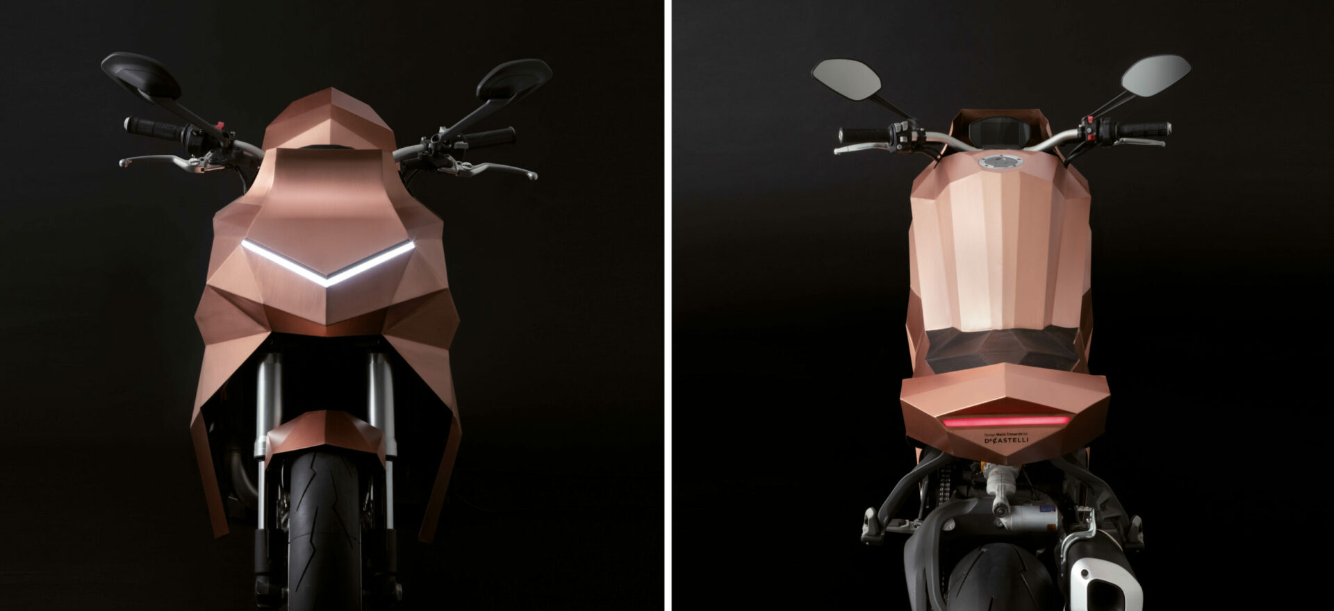 Front and back of a standalone copper motorbike built on a Ducati Monster chassis in a black background with lights on.