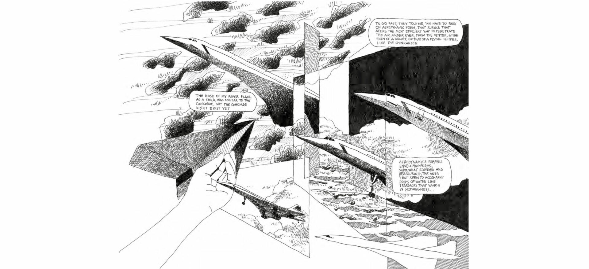 Samotraccia Art Drawing by Mario Trimarchi for De Castelli, showing details related the forms, aerodynamics, and the Concorde Airplane in coparisson with the a paper plane of childhood.