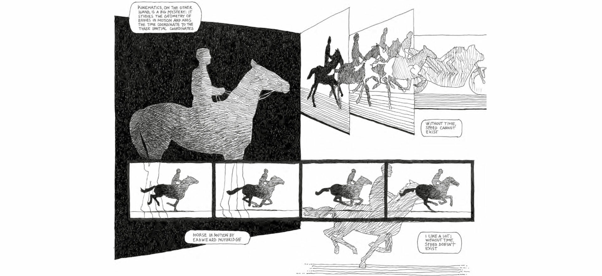 Samotraccia copper motorbike Art Drawing by Mario Trimarchi for De Castelli with black ink on white paper showing a detail about kinematics of horses in relation with motorbike and the rider position in relation with the driver position.