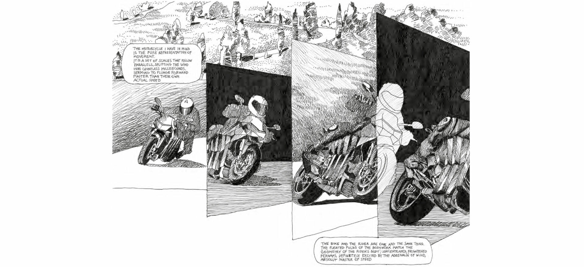 Samotraccia copper motorbike Art Drawing by Mario Trimarchi for De Castelli with black ink on white paper showing a Manga style on the details delated form, speed and time.