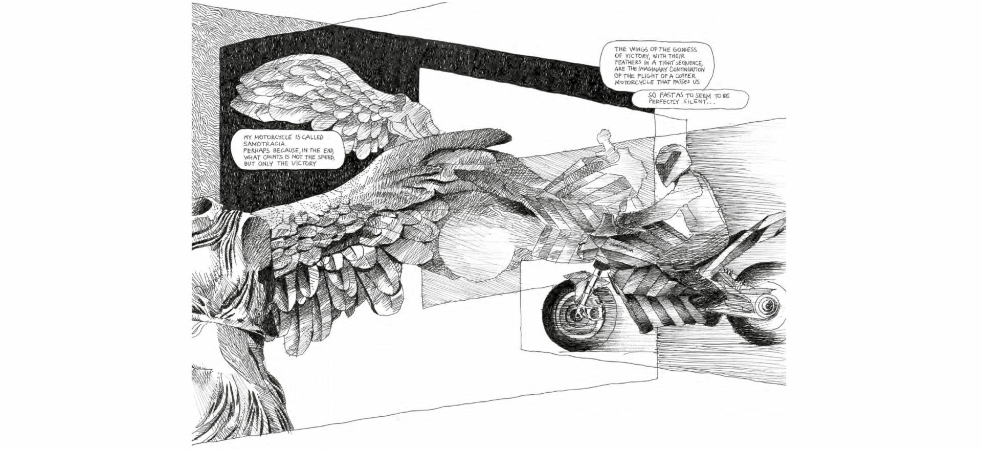 Samotraccia copper motorbike Art Drawing by Mario Trimarchi for De Castelli with black ink on white paper showing a Manga style on the inspiration of the design.