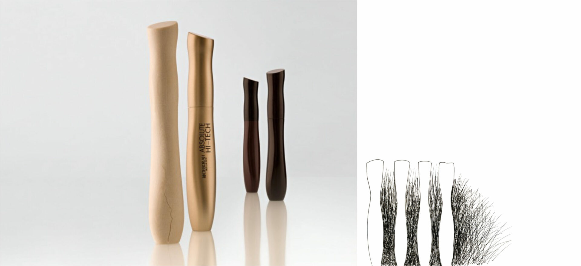 Four packages of Mascara beauty products for Deborah Milano in color with a greyscale background. In 2007 the packaging of the Bioetyc skincare line won the Good Design Award.