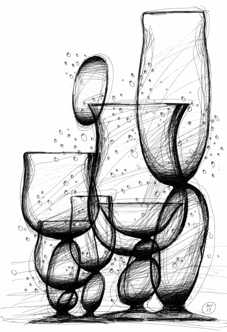Preparatory drawing artwork representing a collection of glasses in balance under the rain made with ink on paper.