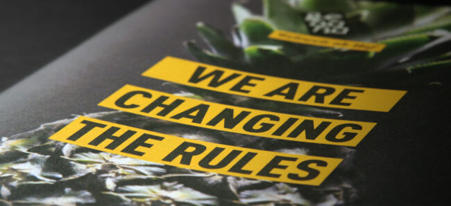 Catalogue cover for Gebana showing details of logo and image detailing composition of the cover in a black background.