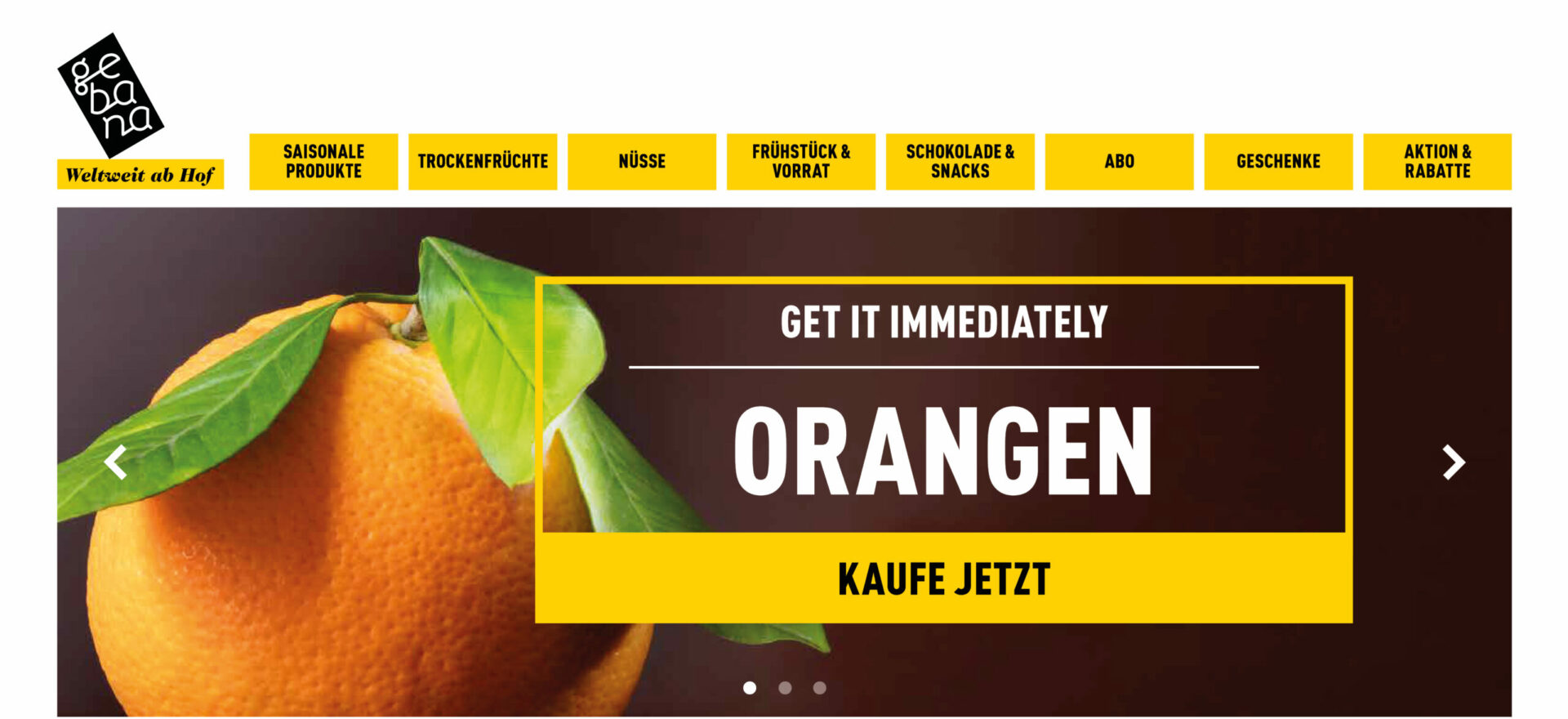 Gebana Web shop site showing an orange fruit with menu and title in the Color Palette of the Brand.