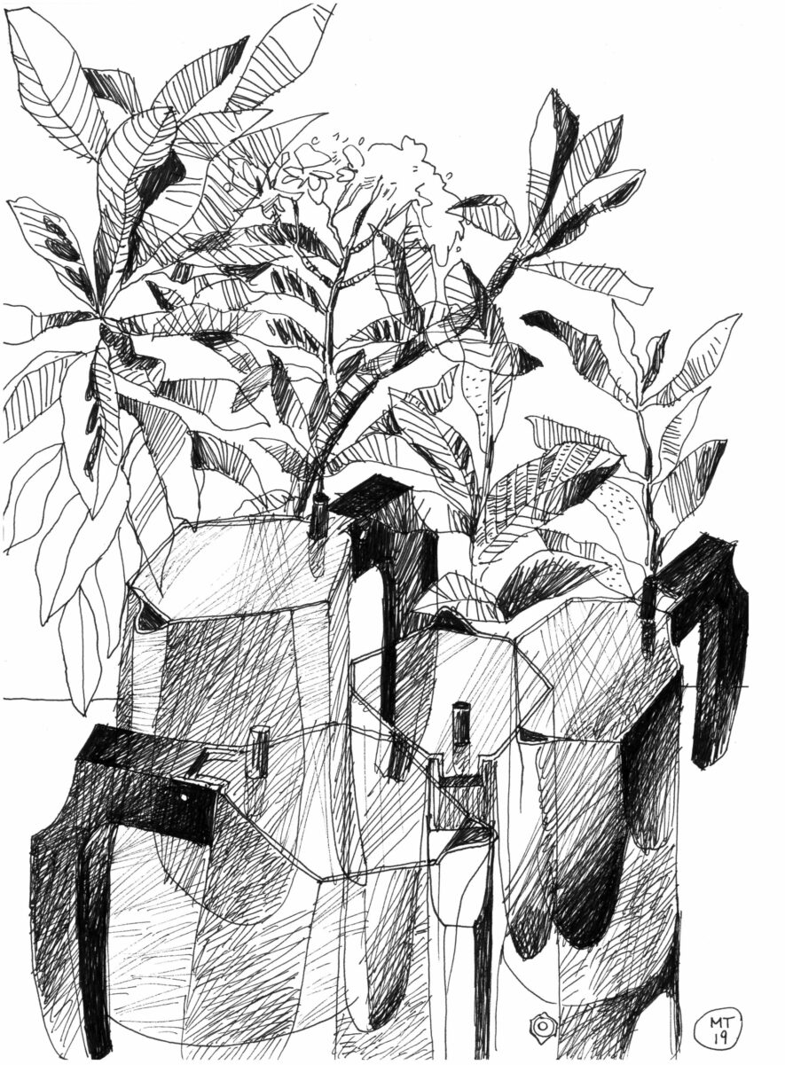 Ossidiana Coffee Maker for Alessi Art drawing of "Landscape with coffee maker" in black ink on white background.