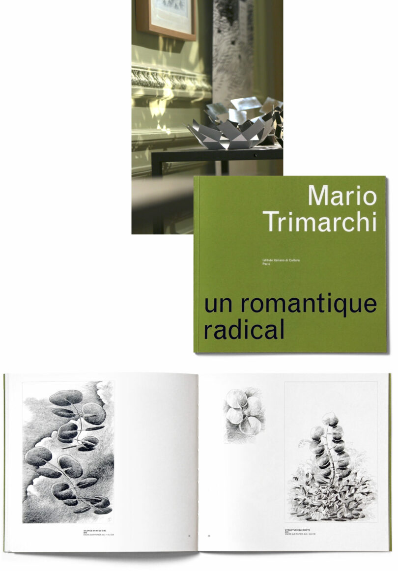 Radical Exhibition | L'Imagination au pouvoir | Art Drawing | Istituto Italiano di Cultura Paris | Mario Trimarchi Design La Stanza dello Scirocco fruit bowl in Instituto Italiano di Cultura Paris as part of the Radical Exhibition on a table. Pcitures of Mario Trimarchi's book "Un romantique radical" showing cover and inside showing Botanica sound absorving panels.