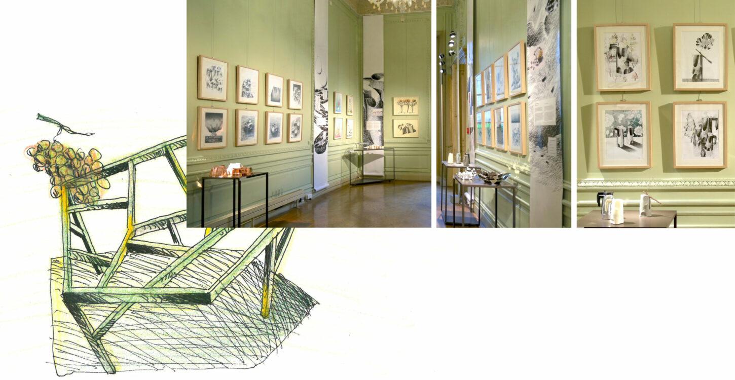 Radical Exhibition | L'Imagination au pouvoir | Art Drawing | Istituto Italiano di Cultura Paris | Mario Trimarchi Design Art Drawing of Oggetti Smarritti by Mario Trimarchi for Istituto Italiano di Cultura Paris, and 3 pictures showing the exhibition corridors with the art pieces on the light green walls.
