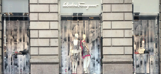 Art work by Mario Trimarchi for Salvatore Ferragamo Capsule Collection of exclusive scarf made out from orange fibers. Design of the shop windows of Salvatore Ferragamo shop around the world.