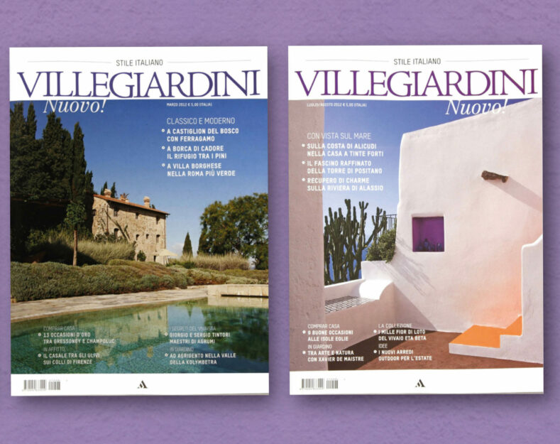 Close up photo of Two covers of Ville Giardini Magazine showing detail of the typography and composition of text and images used in the project of the Art Direction and Graphic Design for Visibilia Editore in a light violet background.