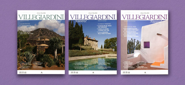Three covers of Ville Giardini Magazine showing detail of the logo typography and composition of text and images used in the project of the Art Direction and Graphic Design for Visibilia Editore in a light violet background.
