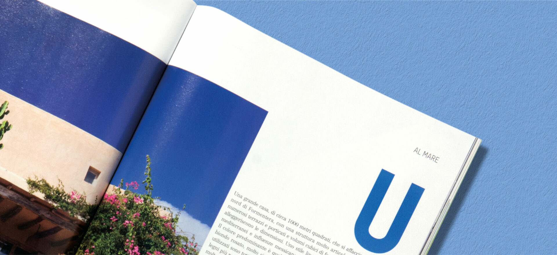 Close up photo of an opened Ville Giardini Magazine showing detail of the typography and composition of text and images used in the project of the Art Direction and Graphic Design for Visibilia Editore in a light blue background.