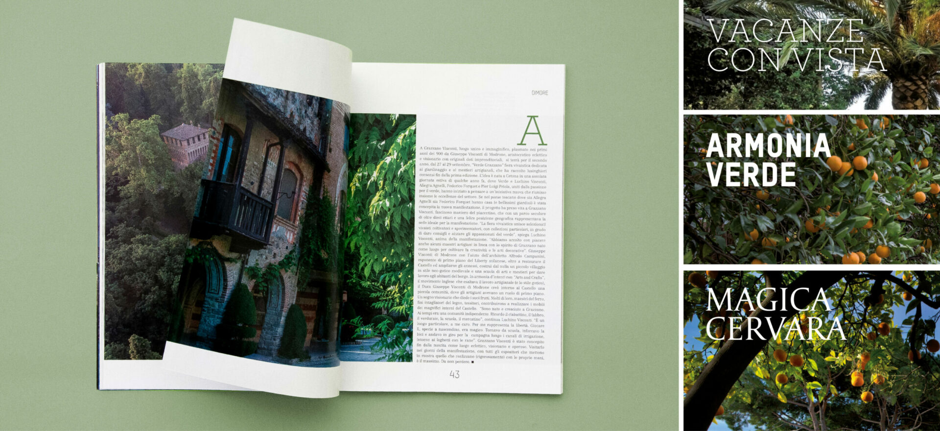 Opened Ville Giardini magazine showing detail of the typography and composition of text and images used in the project of the Art Direction and graphic Design for Visibilia Editore in a light green background. On the right side of the image there is three different compositions of titles for the magazine sections, with plants in background in a blue sky.